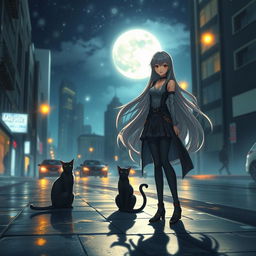 A fictional character named Marinete, with long flowing hair and a confident look, standing under the mystical moonlight of a captivating city night