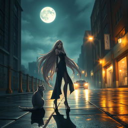 A fictional character named Marinete, with long flowing hair and a confident look, standing under the mystical moonlight of a captivating city night