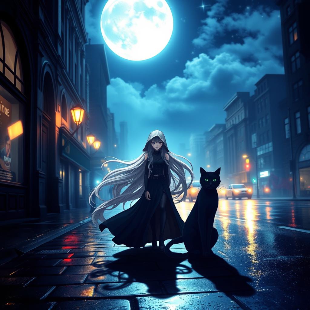 A fictional character named Marinete, with long flowing hair and a confident look, standing under the mystical moonlight of a captivating city night