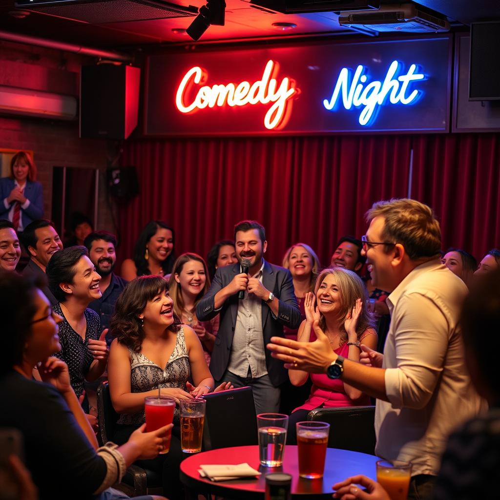 A jovial comedy club scene with a diverse group of people laughing and enjoying the performance