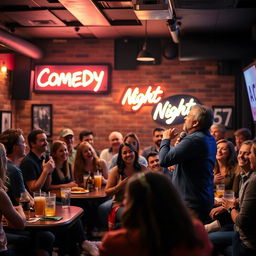 A jovial comedy club scene with a diverse group of people laughing and enjoying the performance