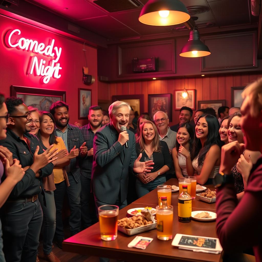 A jovial comedy club scene with a diverse group of people laughing and enjoying the performance