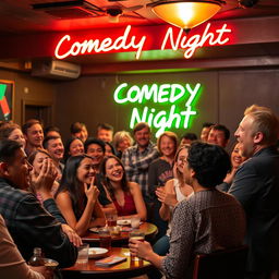 A jovial comedy club scene with a diverse group of people laughing and enjoying the performance