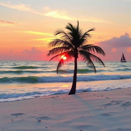 a picturesque beach sunrise scene with gentle waves, the sun rising above the horizon with warm orange and pink hues spreading across the sky, casting a beautiful reflection on the water