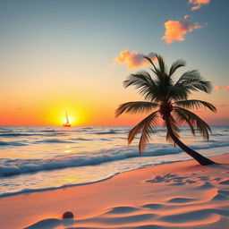 a picturesque beach sunrise scene with gentle waves, the sun rising above the horizon with warm orange and pink hues spreading across the sky, casting a beautiful reflection on the water