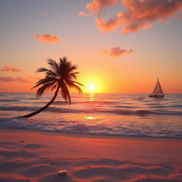 a picturesque beach sunrise scene with gentle waves, the sun rising above the horizon with warm orange and pink hues spreading across the sky, casting a beautiful reflection on the water