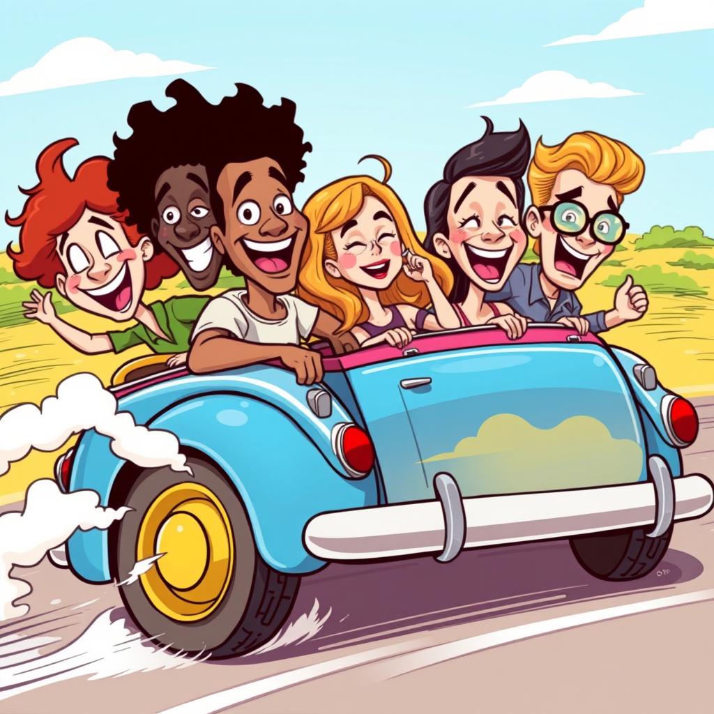 A comically vibrant and exaggerated scene of four friends, diverse in appearance and attire, joyfully escaping in a colorful vintage car