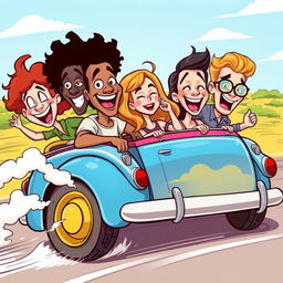 A comically vibrant and exaggerated scene of four friends, diverse in appearance and attire, joyfully escaping in a colorful vintage car