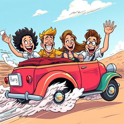 A comically vibrant and exaggerated scene of four friends, diverse in appearance and attire, joyfully escaping in a colorful vintage car