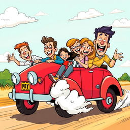 A comically vibrant and exaggerated scene of four friends, diverse in appearance and attire, joyfully escaping in a colorful vintage car