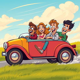 A comically vibrant and exaggerated scene of four friends, diverse in appearance and attire, joyfully escaping in a colorful vintage car