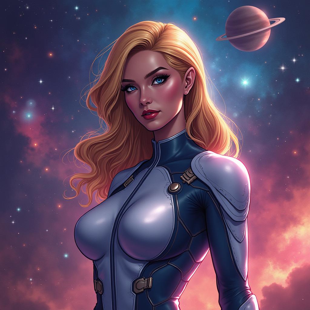 A female superheroine wearing a sleek, futuristic space suit standing confidently against a vibrant cosmic backdrop filled with twinkling stars and colorful planets