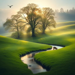 Portrait of a serene landscape with soft rolling hills, a gentle river winding through vibrant green meadows, surrounded by tall, ancient trees