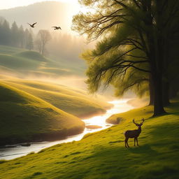 Portrait of a serene landscape with soft rolling hills, a gentle river winding through vibrant green meadows, surrounded by tall, ancient trees