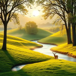 Portrait of a serene landscape with soft rolling hills, a gentle river winding through vibrant green meadows, surrounded by tall, ancient trees