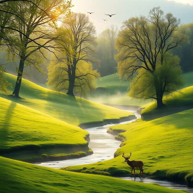 Portrait of a serene landscape with soft rolling hills, a gentle river winding through vibrant green meadows, surrounded by tall, ancient trees