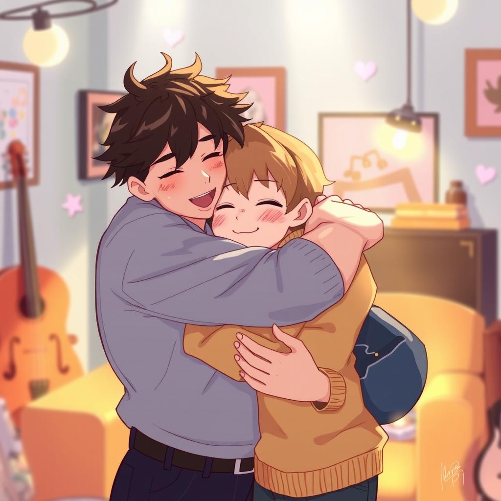 A warm and emotional illustration of Adrien Agreste embracing Luka, conveying a sense of friendship and camaraderie