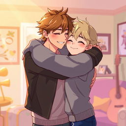 A warm and emotional illustration of Adrien Agreste embracing Luka, conveying a sense of friendship and camaraderie