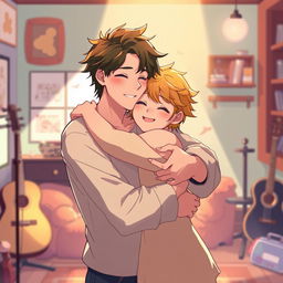 A warm and emotional illustration of Adrien Agreste embracing Luka, conveying a sense of friendship and camaraderie