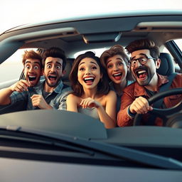 A comically realistic 3D render of four friends, each with distinctive features and expressions, humorously escaping in a sleek car