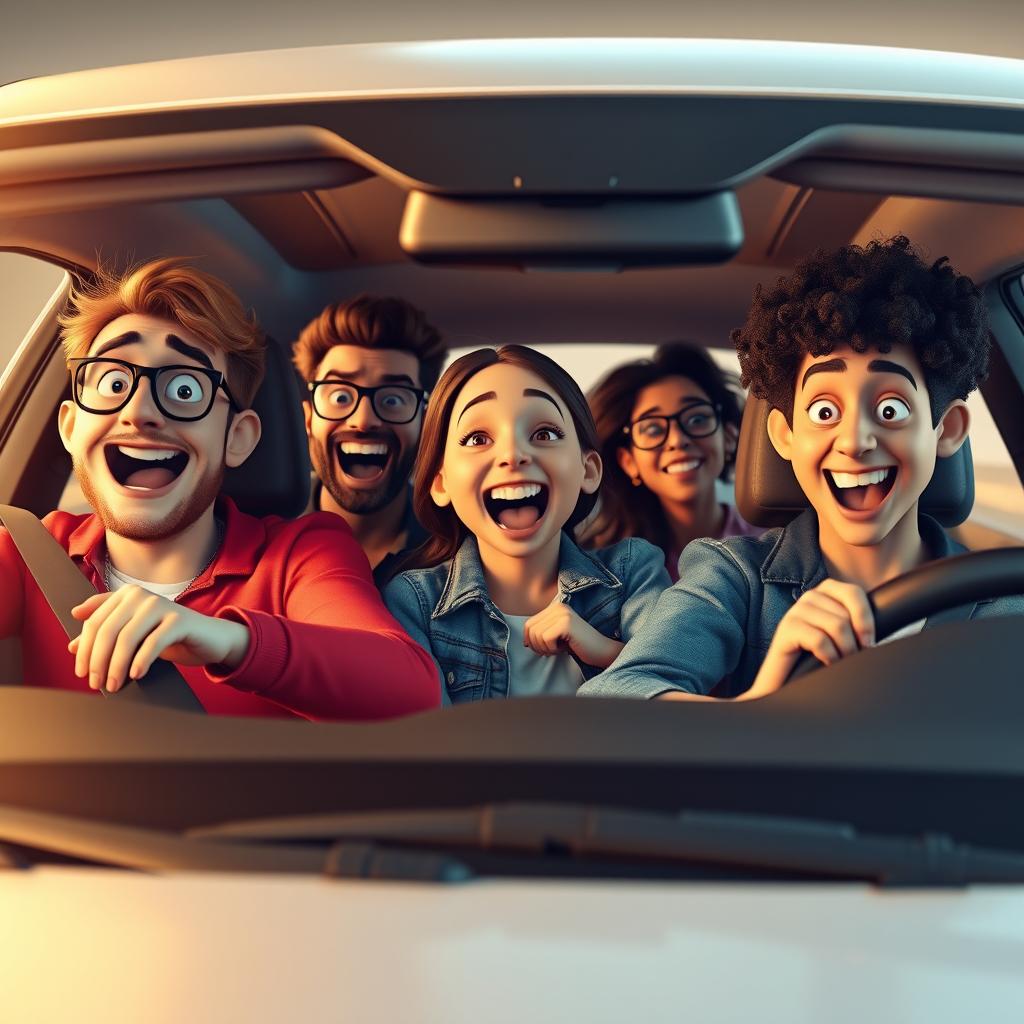 A comically realistic 3D render of four friends, each with distinctive features and expressions, humorously escaping in a sleek car