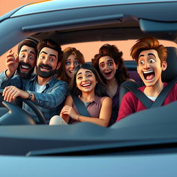 A comically realistic 3D render of four friends, each with distinctive features and expressions, humorously escaping in a sleek car