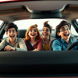 A comically realistic 3D render of four friends, each with distinctive features and expressions, humorously escaping in a sleek car