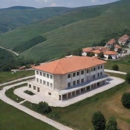 A picturesque school building located in Kosovo, surrounded by rolling hills, with a blend of traditional Balkan architecture and modern educational facilities.