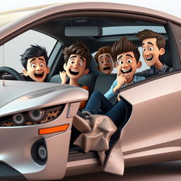 A comically realistic 3D render featuring four boy friends and a girl in a playful scene where their sleek car has humorously met with a minor accident