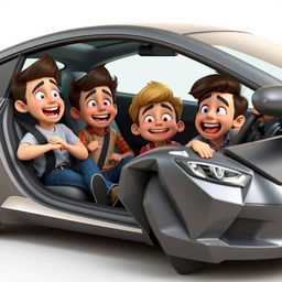 A comically realistic 3D render featuring four boy friends and a girl in a playful scene where their sleek car has humorously met with a minor accident