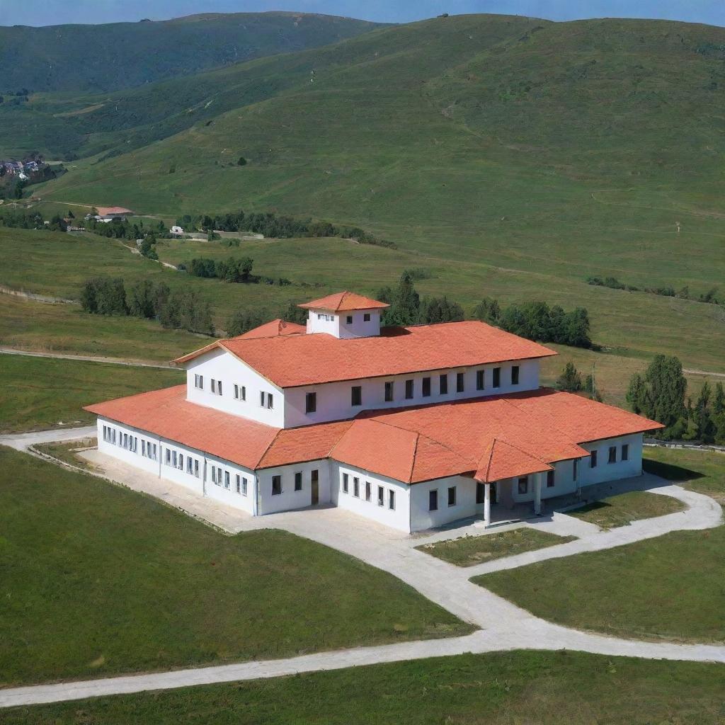 A picturesque school building located in Kosovo, surrounded by rolling hills, with a blend of traditional Balkan architecture and modern educational facilities.