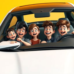 A comically realistic 3D render featuring four boy friends and a girl in a playful scene where their sleek car has humorously met with a minor accident