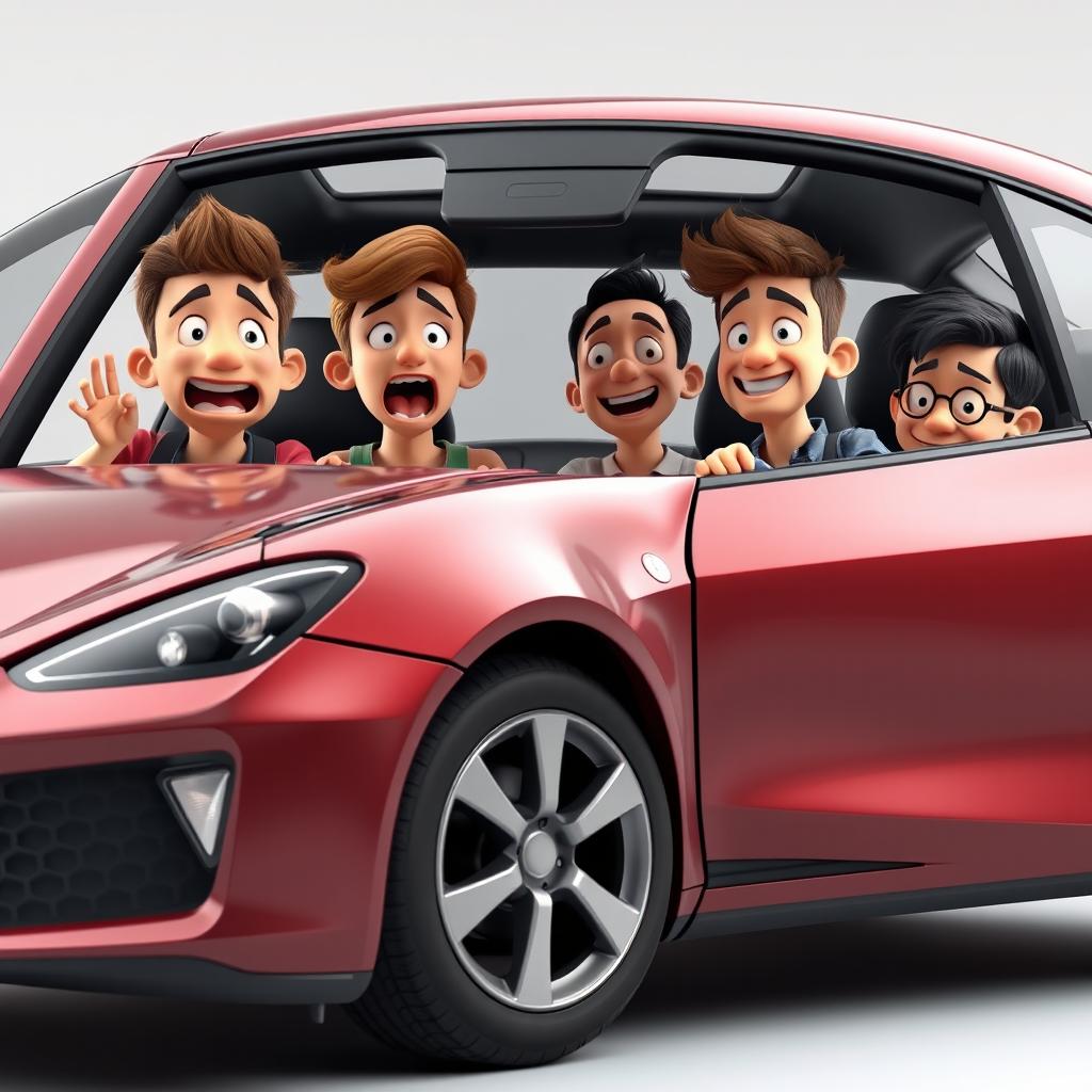 A comically realistic 3D render featuring four boy friends and a girl in a playful scene where their sleek car has humorously met with a minor accident