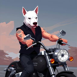 A pixel art 2D scene featuring a motorcyclist with a black sleeveless vest, revealing a muscular arm, riding a Harley Davidson