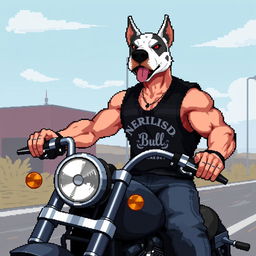 A pixel art 2D scene featuring a motorcyclist with a black sleeveless vest, revealing a muscular arm, riding a Harley Davidson