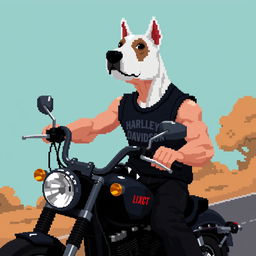 A pixel art 2D scene featuring a motorcyclist with a black sleeveless vest, revealing a muscular arm, riding a Harley Davidson