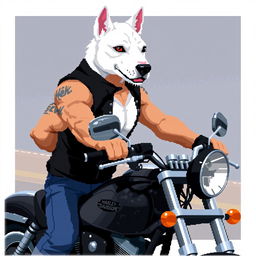 A pixel art 2D scene featuring a motorcyclist with a black sleeveless vest, revealing a muscular arm, riding a Harley Davidson