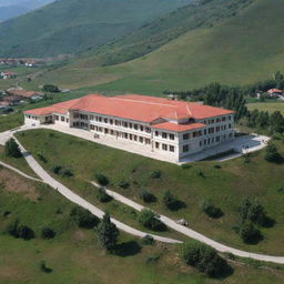 A picturesque school building located in Kosovo, surrounded by rolling hills, with a blend of traditional Balkan architecture and modern educational facilities.