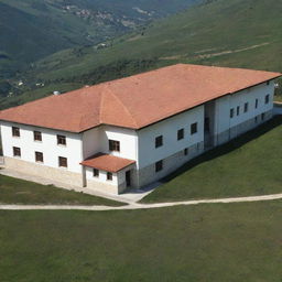 A picturesque school building located in Kosovo, surrounded by rolling hills, with a blend of traditional Balkan architecture and modern educational facilities.