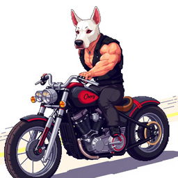 A 64-bit pixel art 2D image of a muscular biker wearing a black vest, showcasing his arm while riding a custom motorcycle