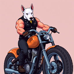 A 64-bit pixel art 2D image of a muscular biker wearing a black vest, showcasing his arm while riding a custom motorcycle