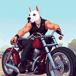 A 64-bit pixel art 2D image of a muscular biker wearing a black vest, showcasing his arm while riding a custom motorcycle