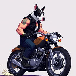 A 64-bit pixel art 2D image of a muscular biker wearing a black vest, showcasing his arm while riding a custom motorcycle