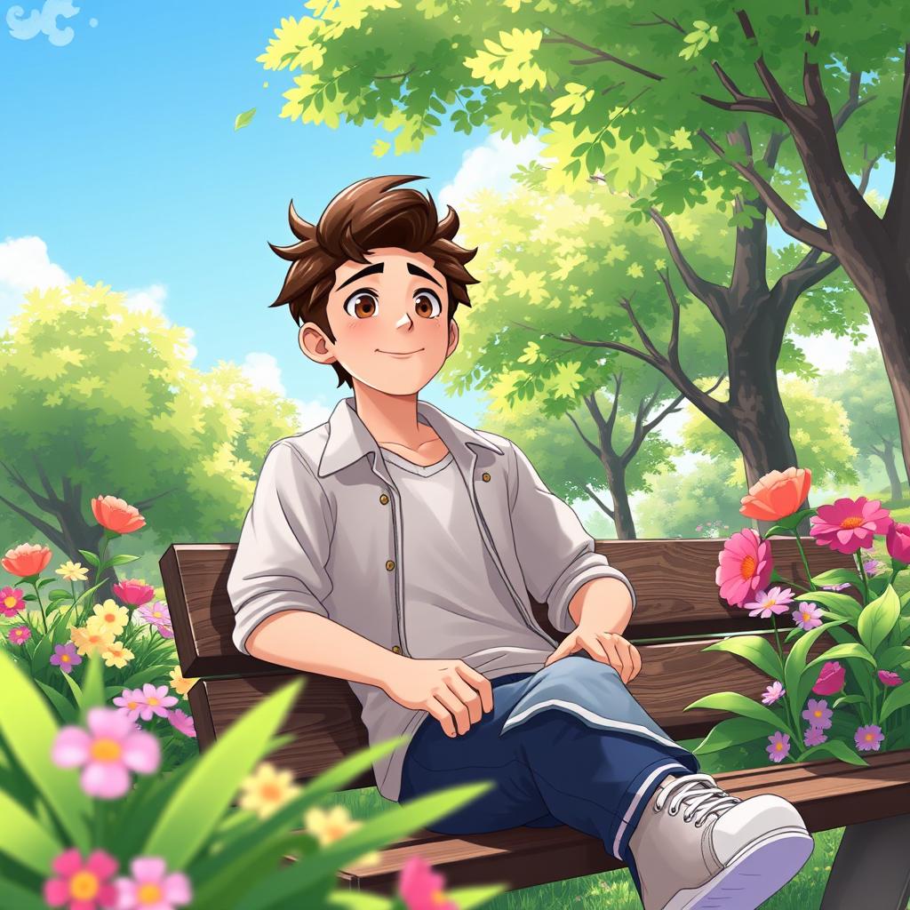 An illustration of Adrien inspired by the Miraculous series, enjoying a serene moment in a beautiful park