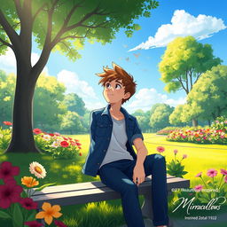 An illustration of Adrien inspired by the Miraculous series, enjoying a serene moment in a beautiful park