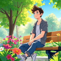 An illustration of Adrien inspired by the Miraculous series, enjoying a serene moment in a beautiful park