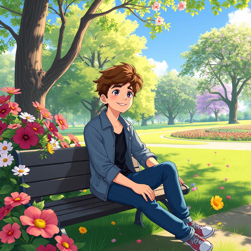 An illustration of Adrien inspired by the Miraculous series, enjoying a serene moment in a beautiful park