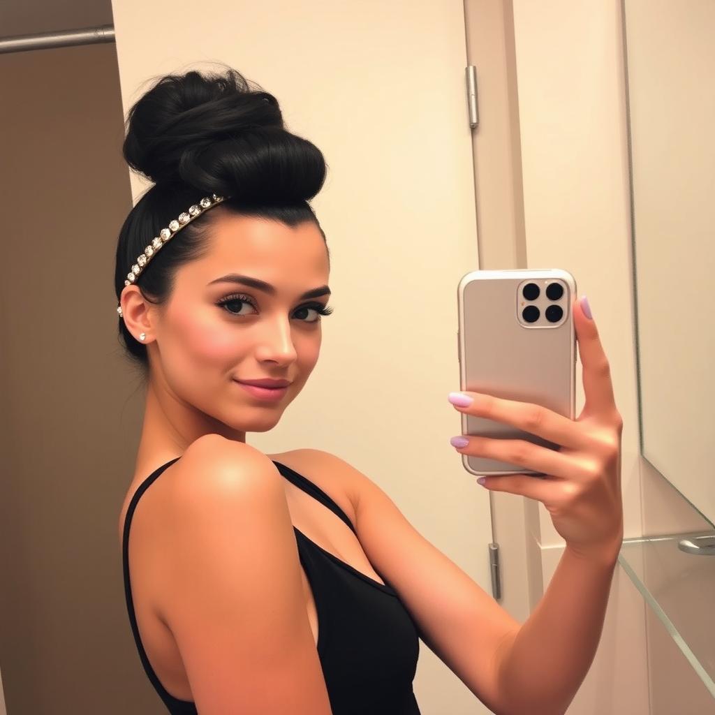 A confident young woman with dark hair in a stylish updo, wearing a headband in a bathroom setting