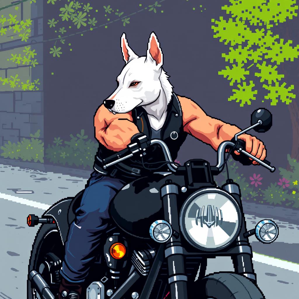 A 64-bit pixel art 2D image of a muscular biker wearing a black vest, showcasing his arm while riding a custom black motorcycle