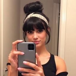 A confident young woman with dark hair in a stylish updo, wearing a headband in a bathroom setting